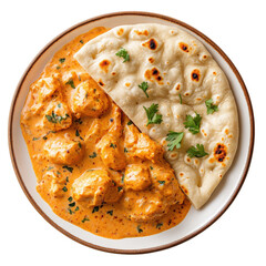 Creamy Butter Chicken with Naan Bread on a Plate, Garnished with Fresh Cilantro, Delicious Indian Cuisine on transparent background