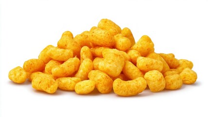 Pile of crunchy corn puffs on white background. AI generated