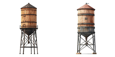 Rustic rooftop water tanks isolated on transparent PNG image ideal for urban landscape design or industrial environment illustrations
