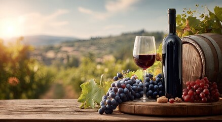 Wine bottle, glass, and grapes on rustic wooden table, vineyard backdrop
