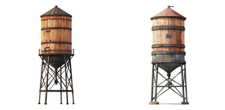 Rustic rooftop water tanks isolated on transparent PNG image ideal for urban landscape design or industrial environment illustrations