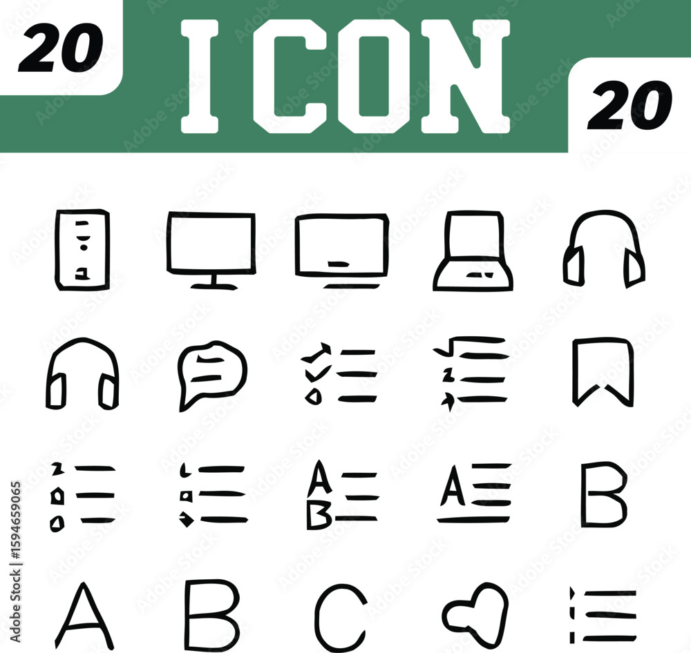 Poster hand drawn icon set with various symbols and representations for web design