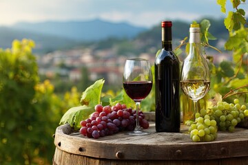 Wine bottles and glasses on a wooden barrel, surrounded by grapes and vineyard view