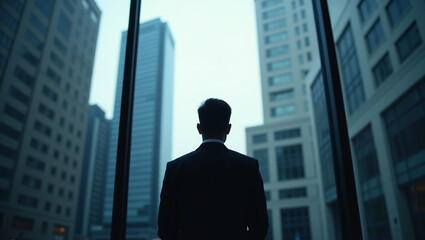 Silhouette of a man looking at a bank building through a glass window
