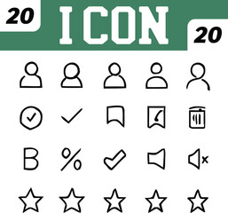 Hand Drawn Icon Set with User Checkmark Bookmark Volume and Star Symbols