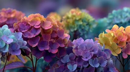 Vibrant hydrangeas bloom in a garden during early spring with colorful petals in shades of purple, pink, and yellow