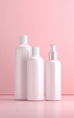 Three white cosmetic bottles on a pink background