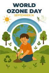 A child planting a tree under a radiant, ozone-protected sky