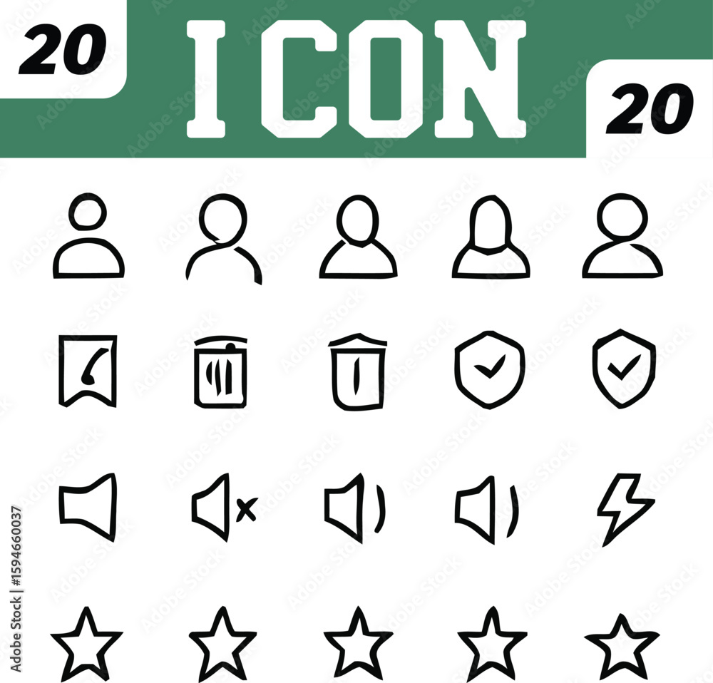 Poster collection of twenty vector icons in black outline style on white background