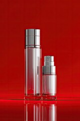 Two clear cosmetic bottles, one larger than the other, with silver caps,  stand on a reflective red surface