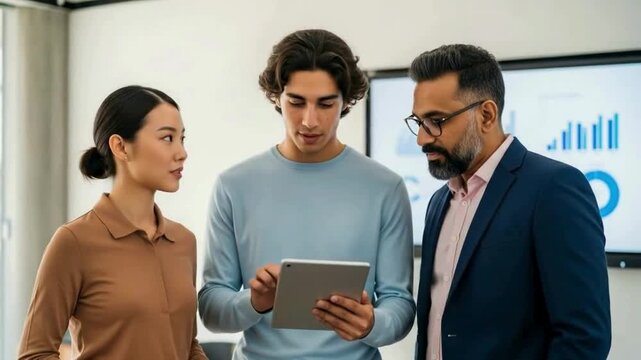 Three professionals looking at a tablet in an office setting indoors hd video , 4k video, mp4 video