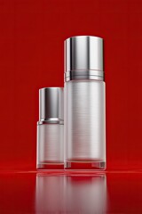 Two cylindrical cosmetic bottles, one small, one larger, with brushed silver caps and frosted white/opaque bodies.  They stand on a glossy red surface, reflecting the bottles