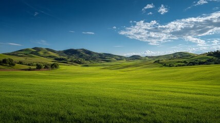 Fototapeta premium Rolling hills with blue sky and mountains. AI generated