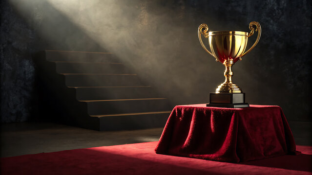 A golden trophy stands on a red carpet under a spotlight, symbolizing success and achievement