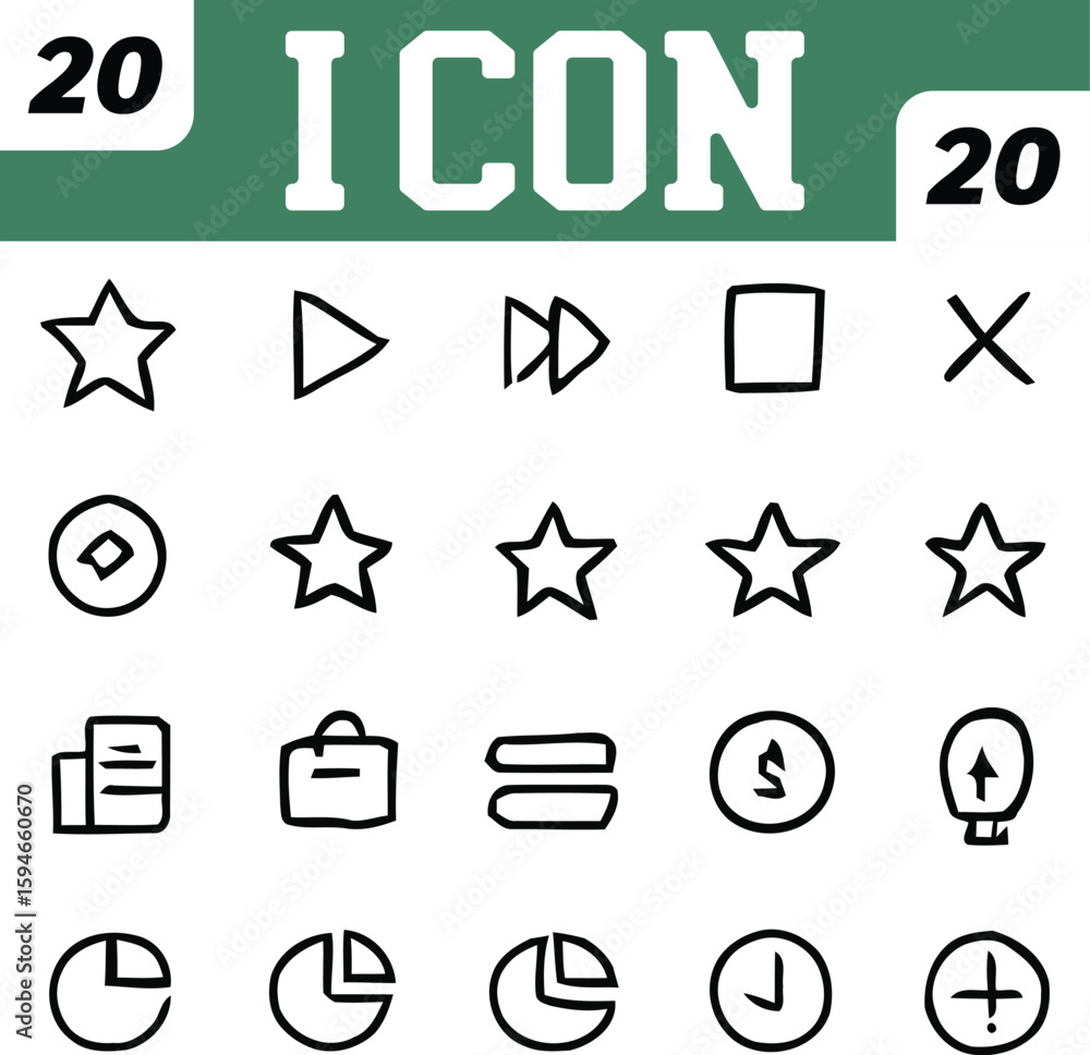 Aufkleber collection of twenty hand drawn style icons for user interface design projects