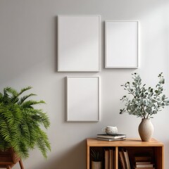 Three blank white frames on a light beige wall, with a potted fern and wooden cabinet
