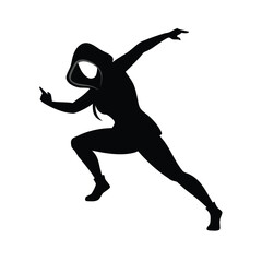 Dynamic black silhouette of a woman in hoodie in action pose vector design