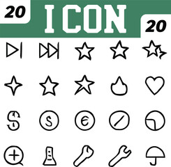 Collection of Twenty Hand Drawn Black and White Icons on a White Background