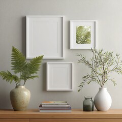 Empty white frames, plants, books, on light wood table