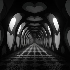 A long, dark tunnel lined with heart-shaped arches