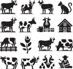 Black silhouette vector icons of farm animals collection