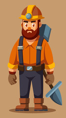Cartoon miner standing with a pickaxe and helmet on brown background  