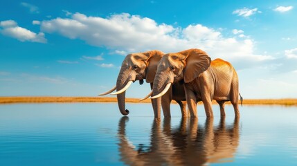 Fototapeta premium Elephant A herd of elephants drinking from a watering hole in the savanna.