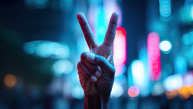 Hand giving peace sign in vibrant city lights