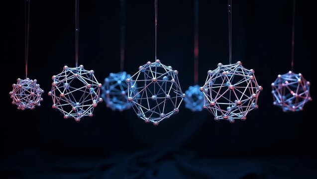 Silver Metallic Spheres Networked Hanging Dark Background