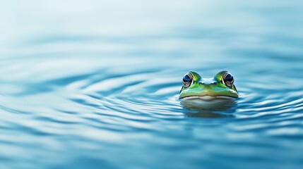 Frog Bullfrog floating on a calm pond with its head just above the waterline.