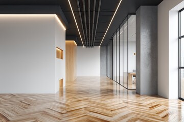 Empty modern office hallway with hardwood floor and glass partitions