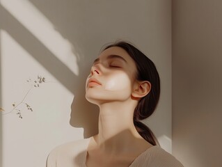 Young woman enjoying sunlight with futuristic beauty patch on cheek, representing modern skincare and wellness technology

