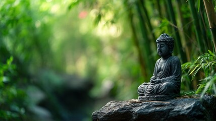 Serene buddha statue amidst lush bamboo grove. AI generated