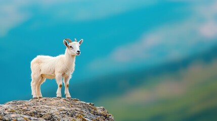 Fototapeta premium Mammal Mountain goat standing on a rocky cliff with a breathtaking view.