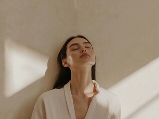 Woman with skincare facial mask relaxing in natural light, symbolizing peace, self-care, and natural beauty in a minimalistic setting