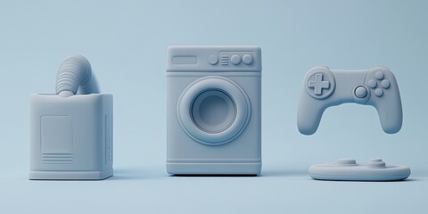 Three light-blue, stylized household items against a light-blue background. A canister, a washing machine, and a game controller are depicted
