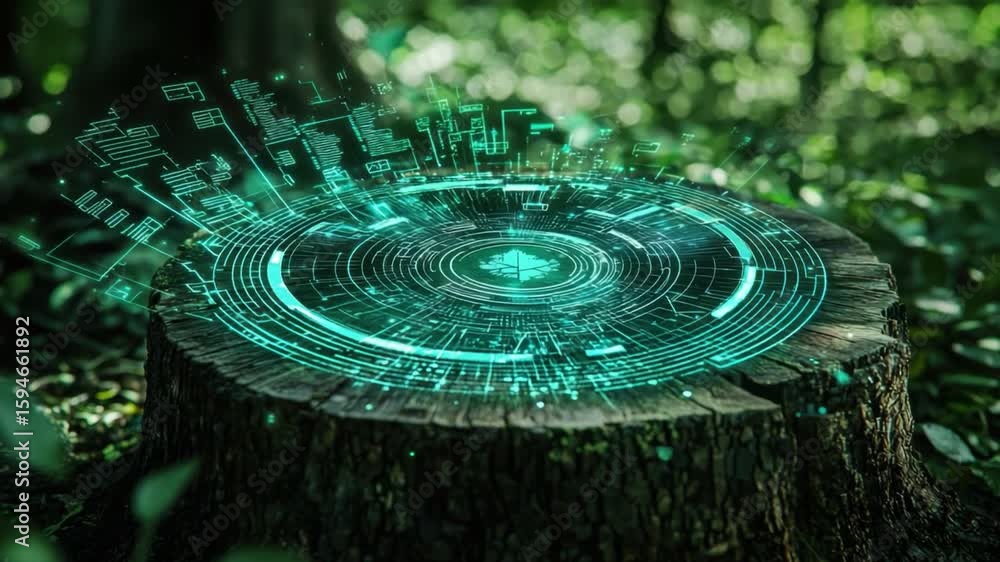 Aufkleber digital interface concept on tree stump in a lush forest setting