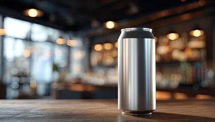 Aluminum can on wooden bar top.  Blurred bar interior