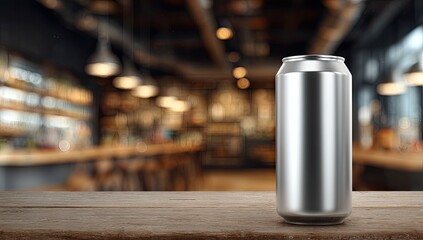 Aluminum beverage can on wooden surface, blurred bar background