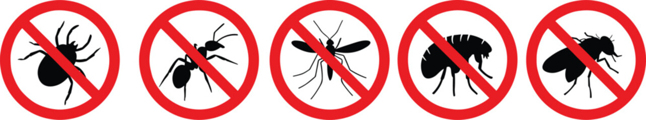 No Insects Allowed, Pest Control Graphic, Tick Mosquito Flea Ant Fly Icons, Bug Prevention Signs, Clean Safe Home Vector, Hygiene ProtectionNo Insects Allowed, Pest Control Graphic, Tick Mosquito 