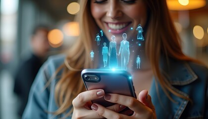 Lächelnde Frau betrachtet Familienhologramm mit digitalen Symbolen am Smartphone