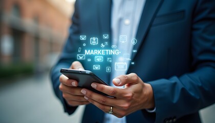 Geschäftsmann mit Smartphone und virtuellem Marketing-Panel bei Nacht