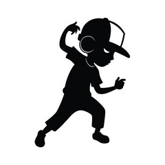 Silhouette of a child wearing a cap and headphones enjoying music or activities
