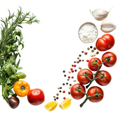 Fresh Vegetables and Herbs for Healthy Cooking: Tomatoes, Garlic, Lemon, and Spices in a Vibrant Arrangement on transparent background