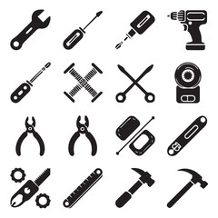 Various black and white tools are displayed on a white background, showcasing home improvement items.