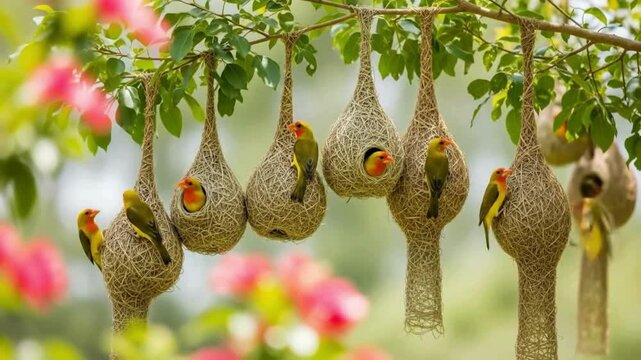 Birds perched on weaver bird nests hanging from tree branches outside hd video , 4k video, mp4 video