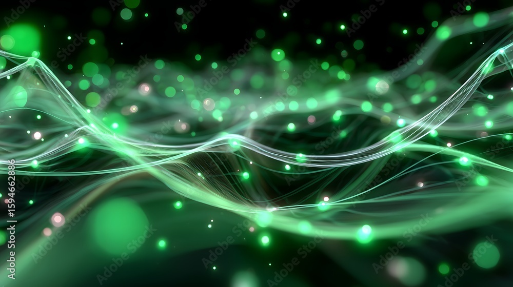 Poster futuristic neural network structure with glowing nodes and fluid, organic lines in green and cyan to