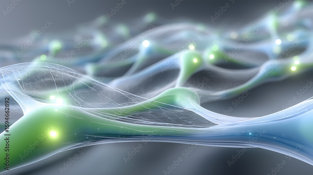 Poster soft glowing blue-green neural network with interconnected nodes on dark background, symbolizing bio