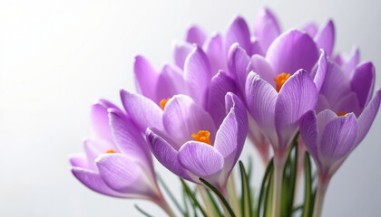 A vibrant cluster of purple crocus flowers with bright orange stamens