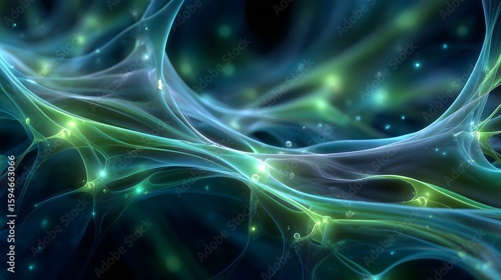 Poster glowing green and blue nodes linked by flowing organic curves form an abstract neural network patter